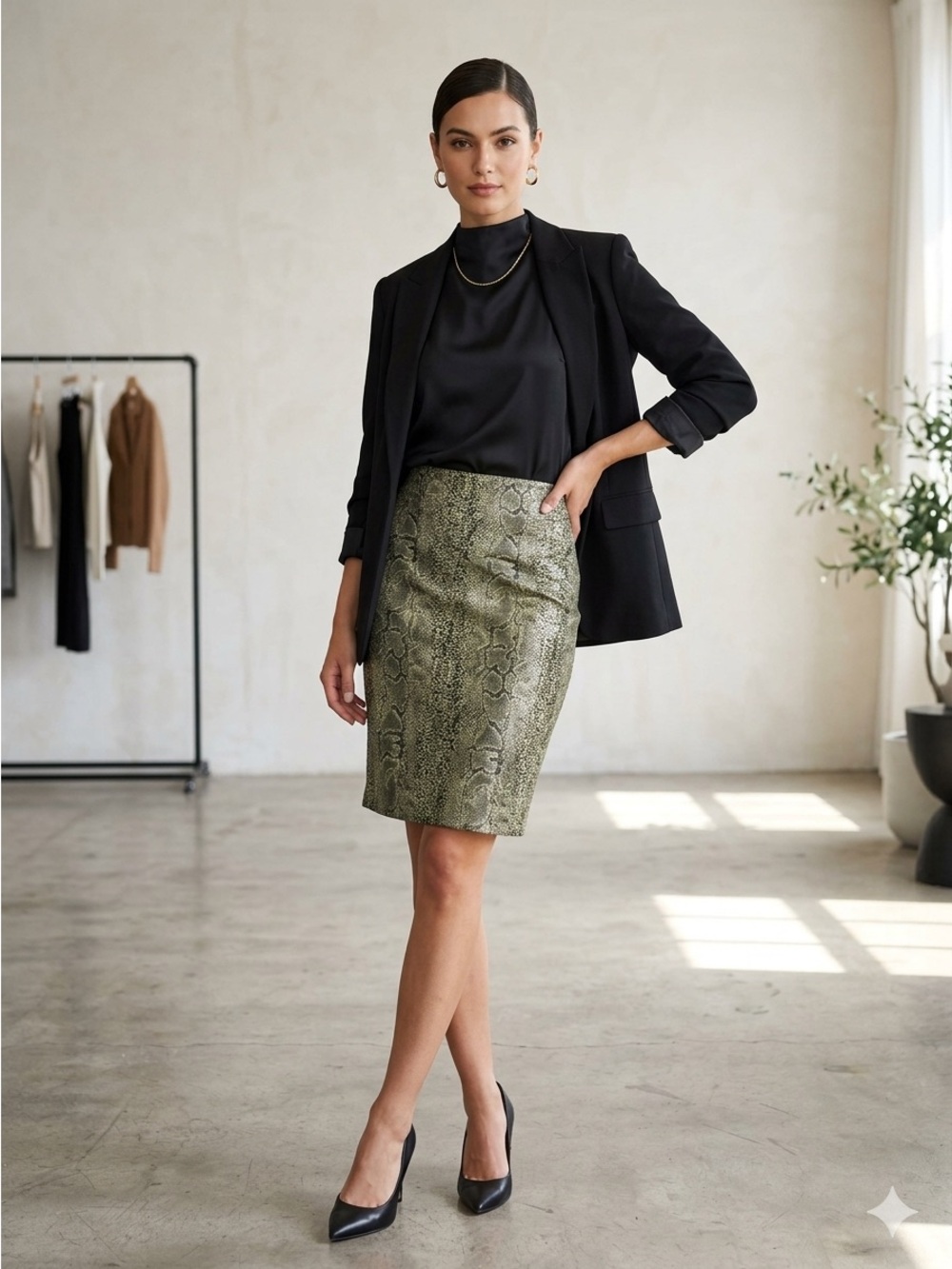 CRISCIONE NEW YORK BLACK GOLD SNEAK PRINT JACGUARD PENCIL SKIRT LINED M